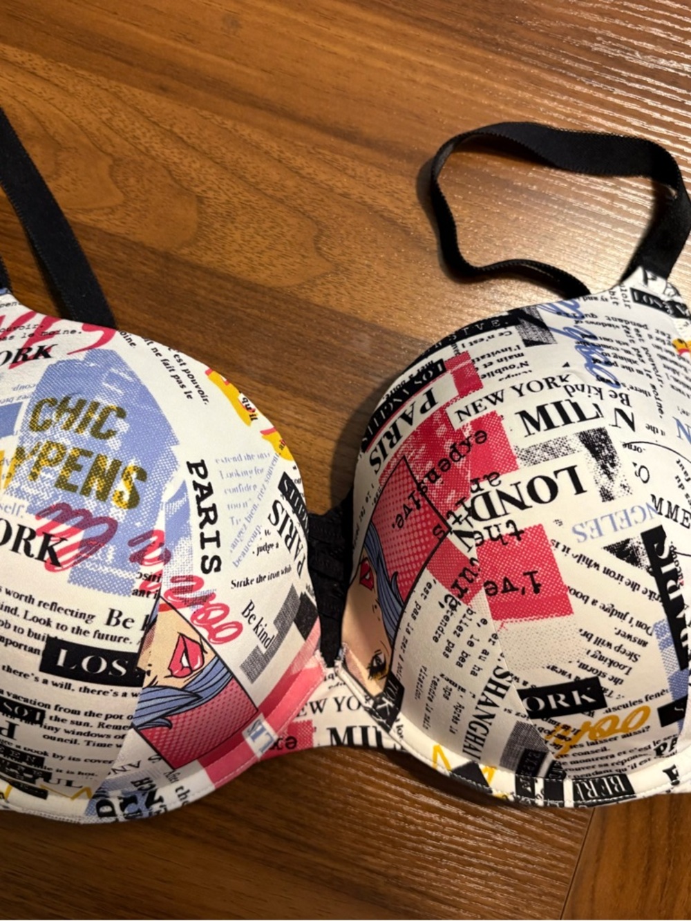 Printed Newspaper-Style Push-Up Bra in White and Pink